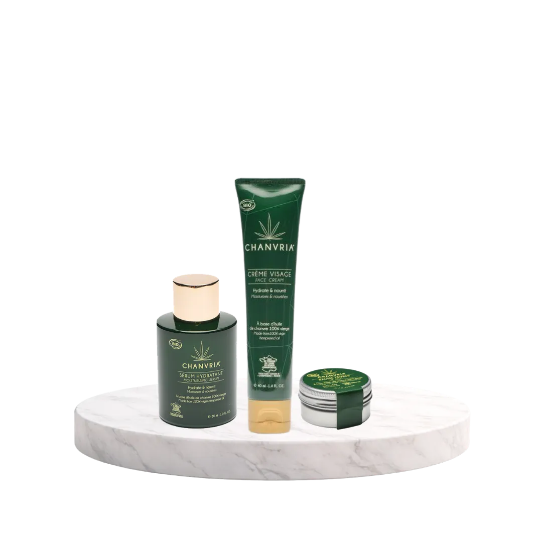 Soins visage au chanvre bio Sabulle comprenant sérum, crème visage et baume lèvres pour hydrater et protéger la peau.