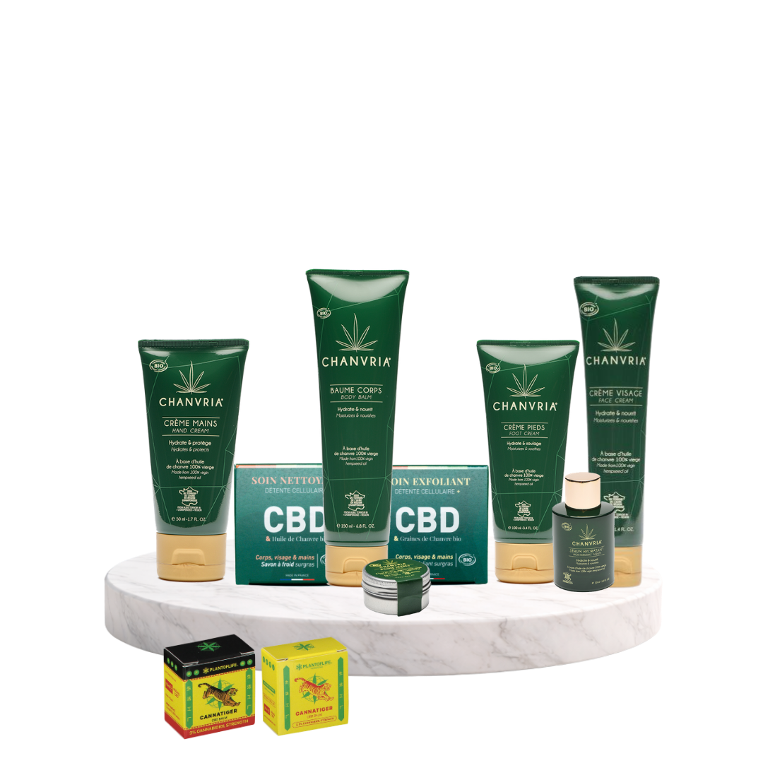 Coffrets cosmétiques SaBulle au chanvre et au CBD regroupant plusieurs soins visage, corps et lèvres.