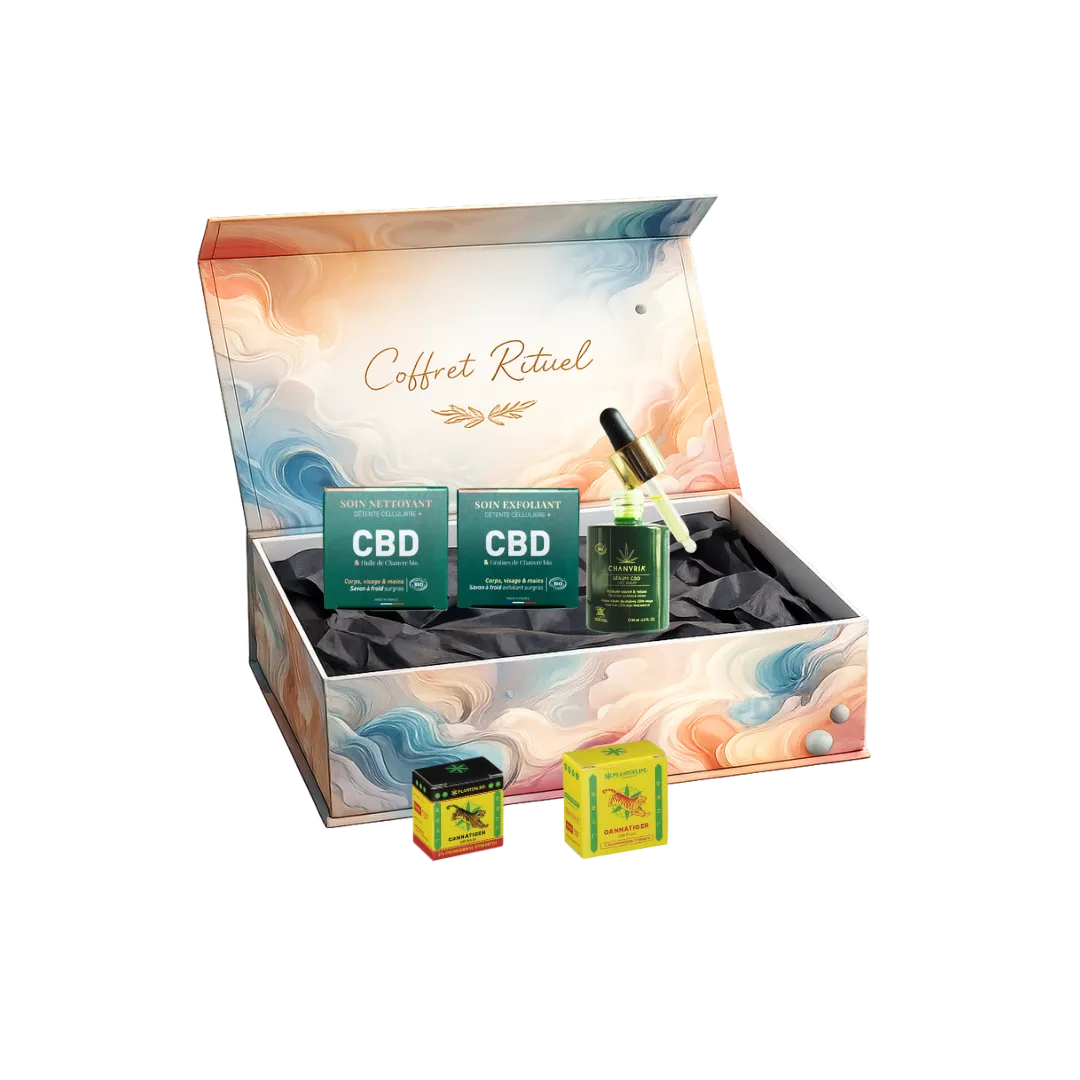 coffret rituel cbd avec savon cbd serum hydratant chanvre et baume massage cannatiger pour detente et hydratation