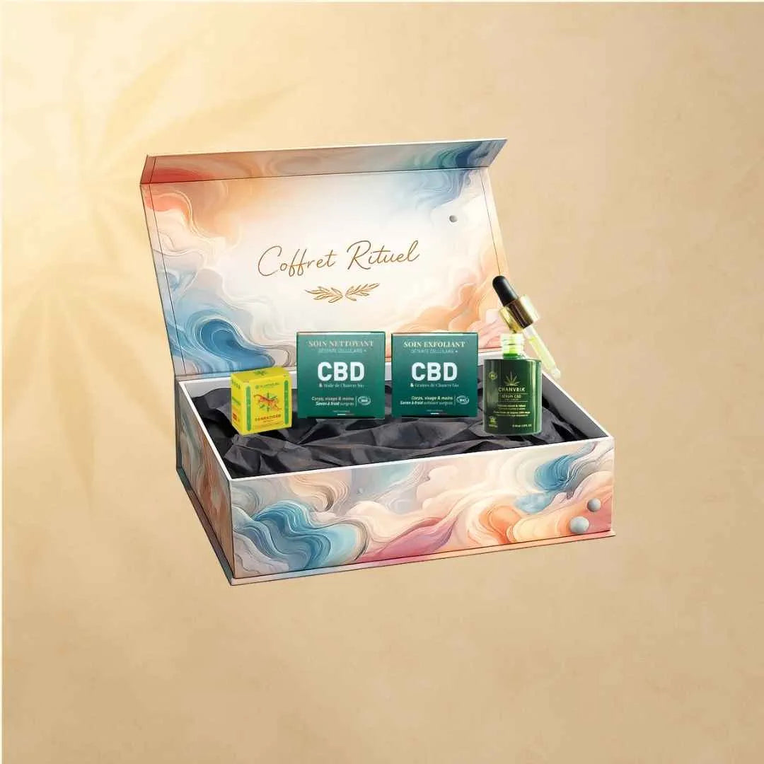 coffret rituel cbd avec savon nettoyant cbd savon exfoliant cbd serum hydratant chanvria et baume massage cbd cannatiger neutre
