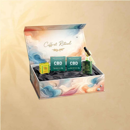 coffret rituel cbd avec savon nettoyant cbd savon exfoliant cbd serum hydratant chanvria et baume massage cbd cannatiger neutre