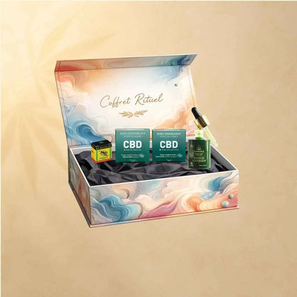 Coffret rituel cbd avec savon cbd exfoliant savon cbd nettoyant serum hydratant chanvria et baume massage cbd cannatiger chauffant