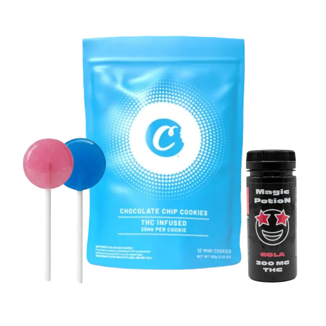 Coffret Signature Dérivés SaBulle avec un sachet de cookies CBD / THC, deux sucettes sélectionnées selon disponibilité et un sirop sélectionné selon disponibilité