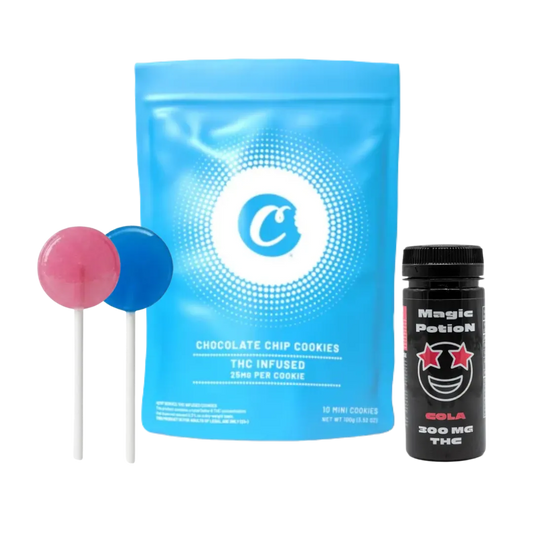 Coffret Signature Dérivés SaBulle avec un sachet de cookies CBD / THC, deux sucettes sélectionnées selon disponibilité et un sirop sélectionné selon disponibilité