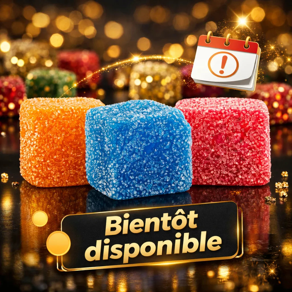 Gummies colorés Sabulle bientôt disponibles, visuel premium avec cubes sucrés orange bleu et rouge